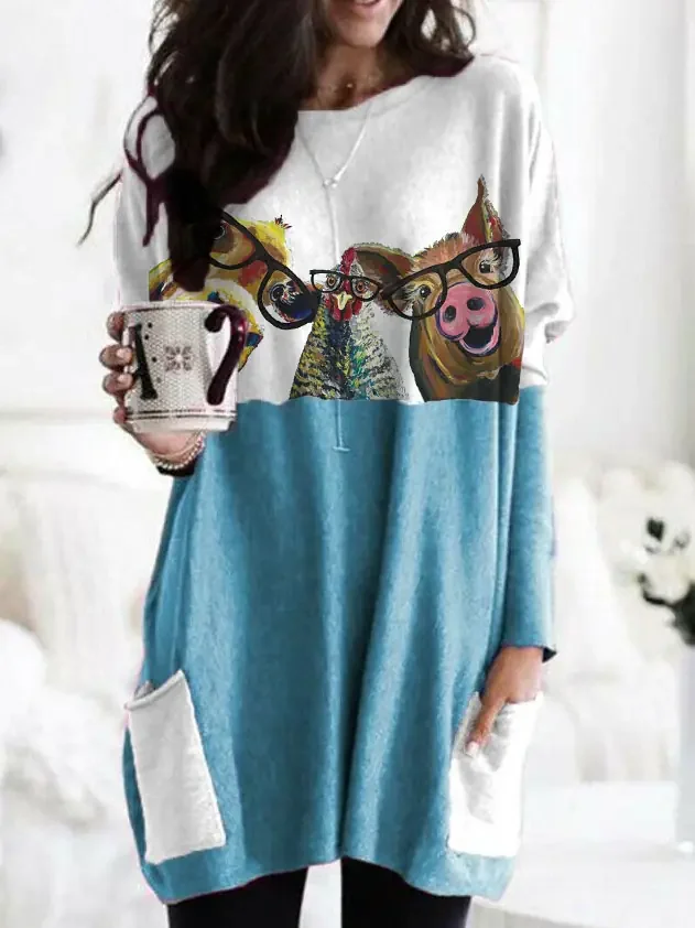 Women's Long Sleeves-Cattle Chicken Pig Oil Painting