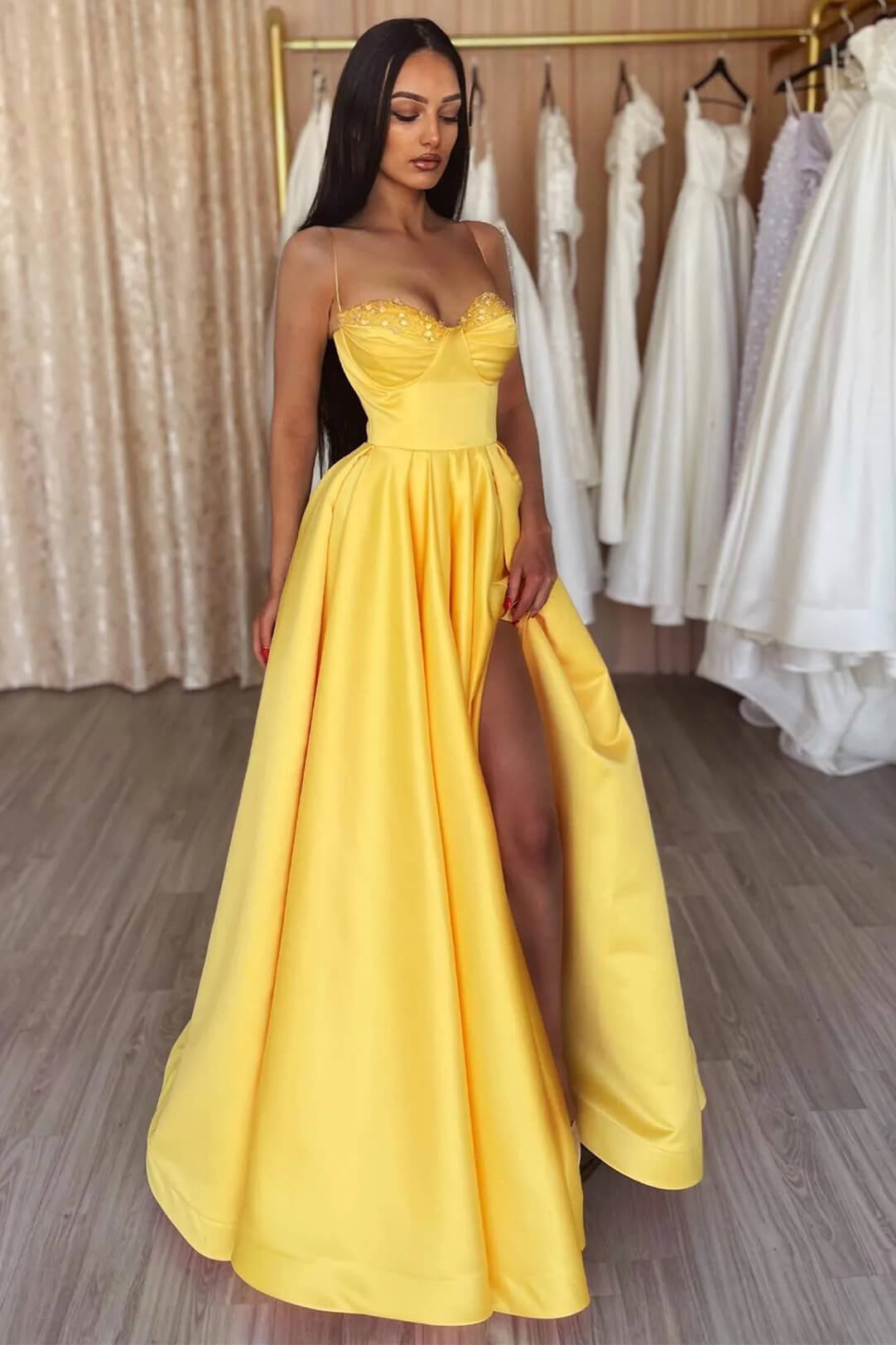 Gorgeous Yellow Prom Dress Slit Long With Sequins Spaghetti-Straps - lulusllly