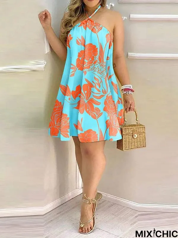 Loose Sleeveless Contrast Color Floral Printed Halter-Neck Mini Dresses