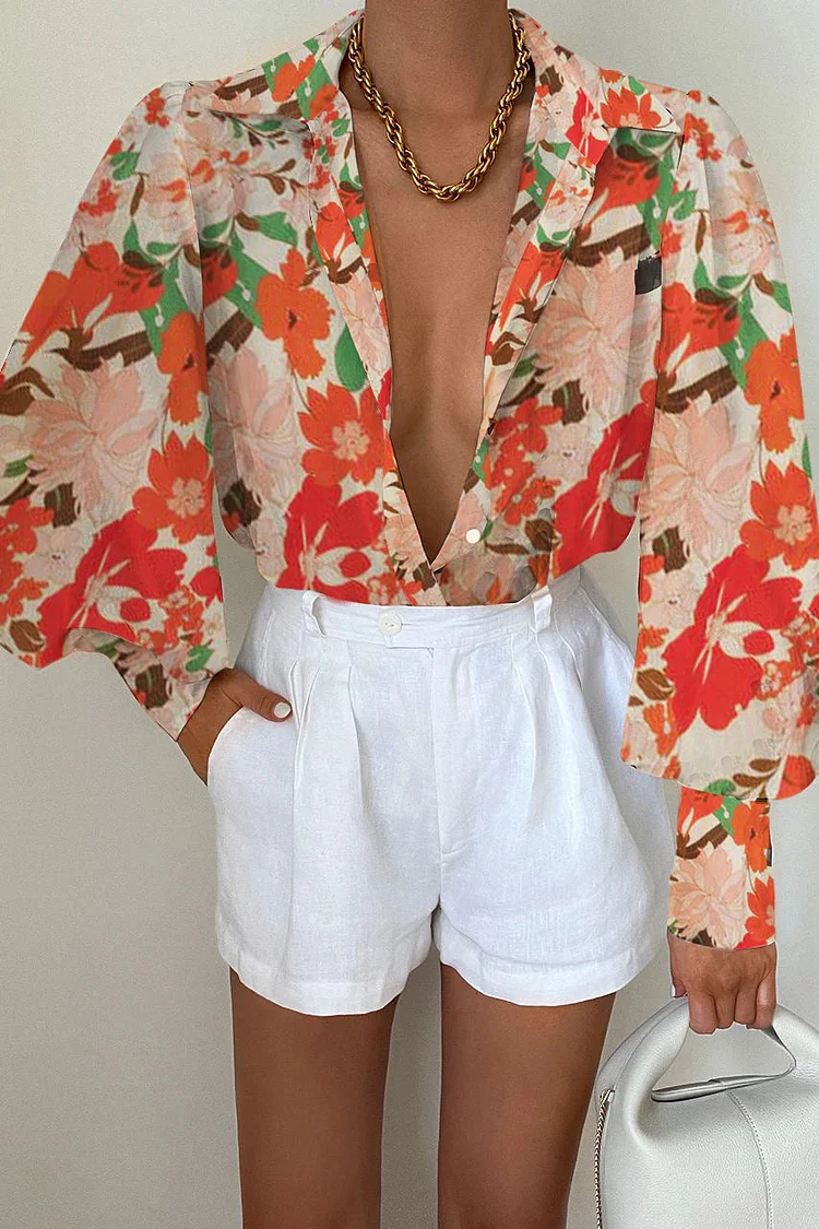 Print Sheer Puff Sleeves Blouse -Orange