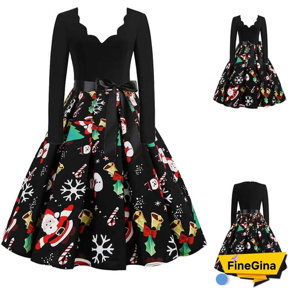 Womens Fashion Casual Dress Lace V Neck Christmas Deer Musical Notes Cat Print Santa Cluas Snowflake Dress Christmas Dress Print Vintage Flare Dress Bowknot High Waist Swing Dress