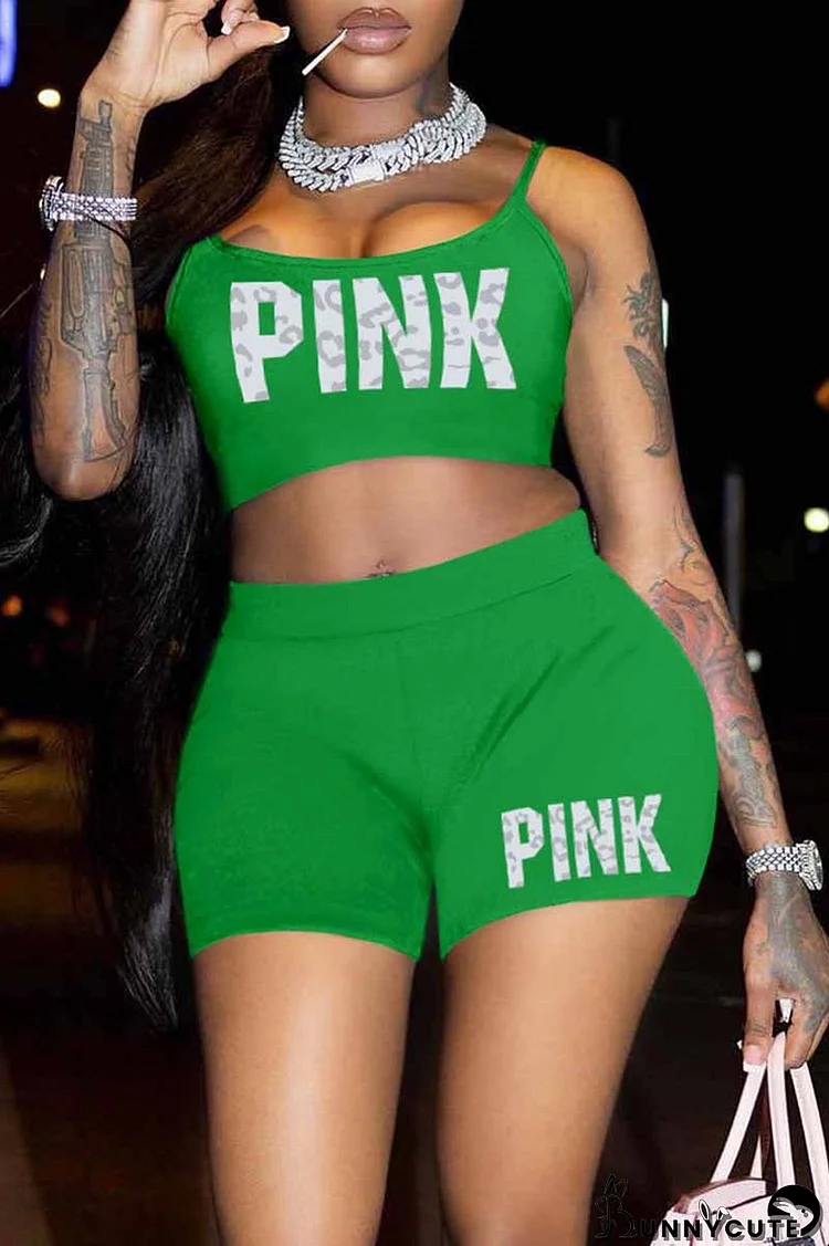 Green Sexy Print Letter Spaghetti Strap Sleeveless Two Pieces
