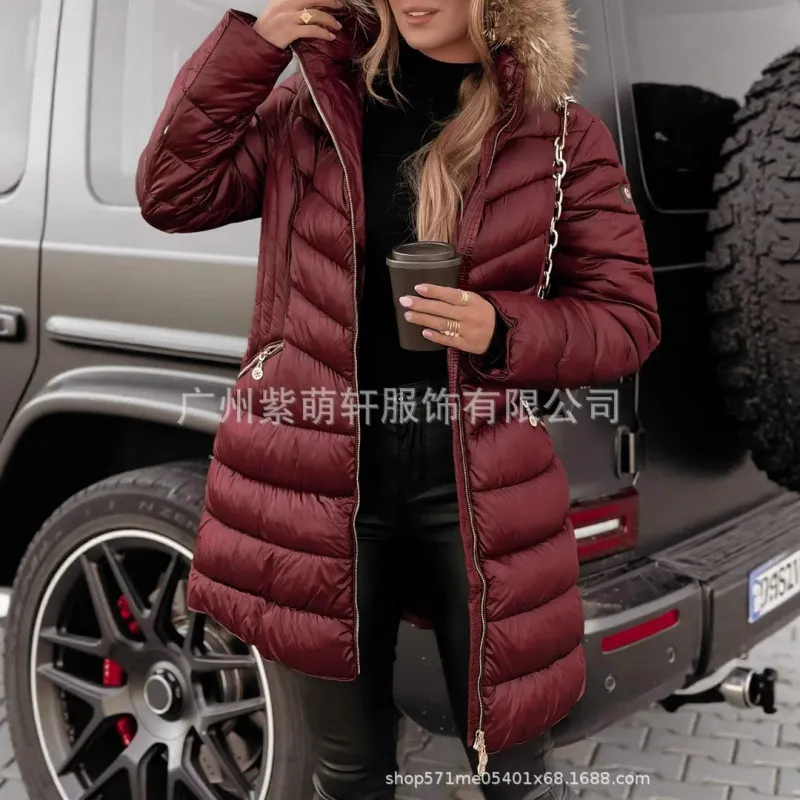 Nigikala Nigikala Thick Hooded Cotton Clothes Women's Long-Haired Collar Fashion Cotton Jacket Winter Cotton Clothes Women