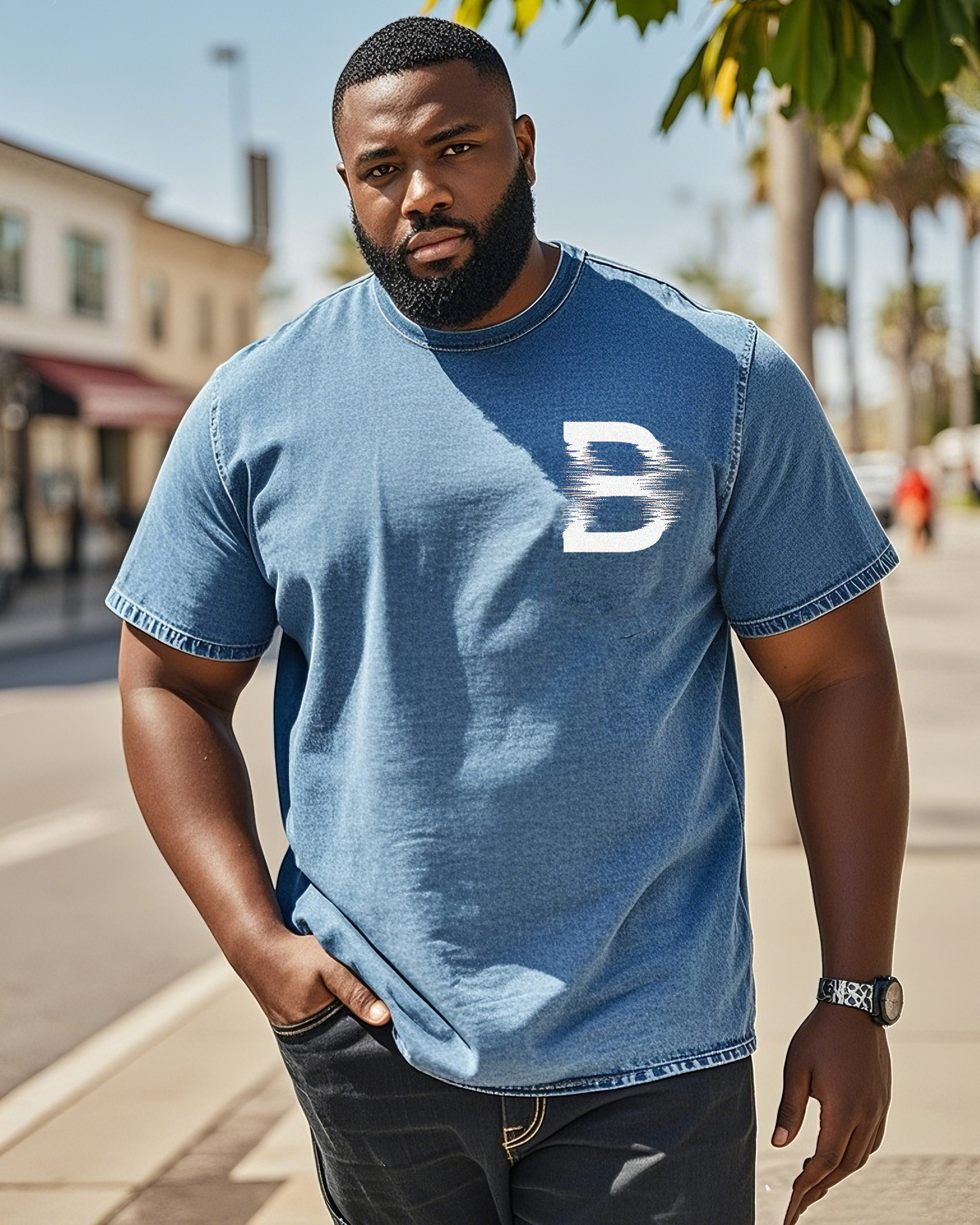 Plus Size Men's B Design Printed Denim Short Sleeve T-Shirt
