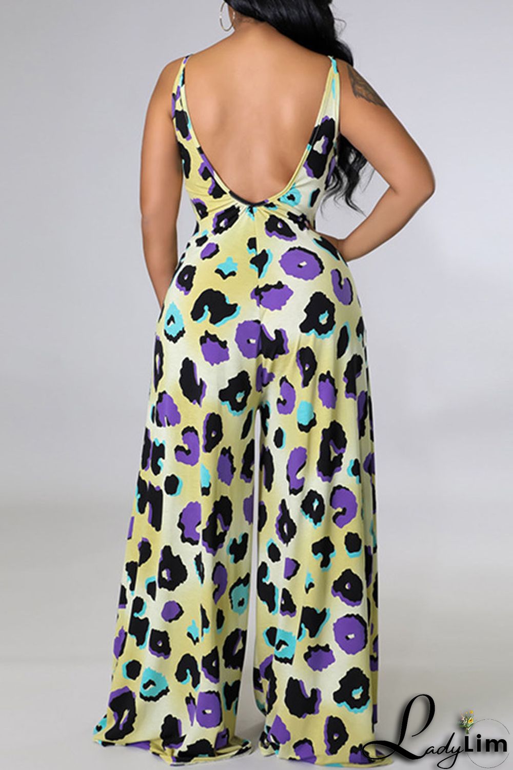 Blue Casual Print Split Joint Spaghetti Strap Straight Jumpsuits