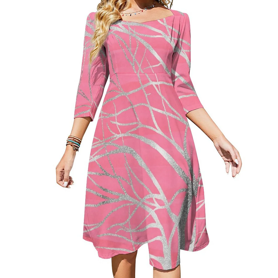 Modern Silver Tree Silhouette Minimal Pink Design Dress Sweetheart Tie Back Flared 3/4 Sleeve Midi Dresses