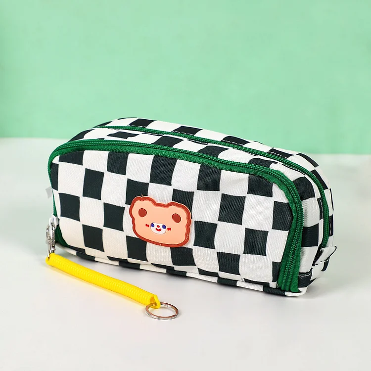 JOURNALSAY Large Capacity Checkerboard Canvas Pencil Case Multifunction Zipper Stationery Storage