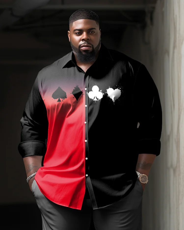 Men's Plus Size Fashion Contrast Playing Cards Long Sleeve Lapel Shirt