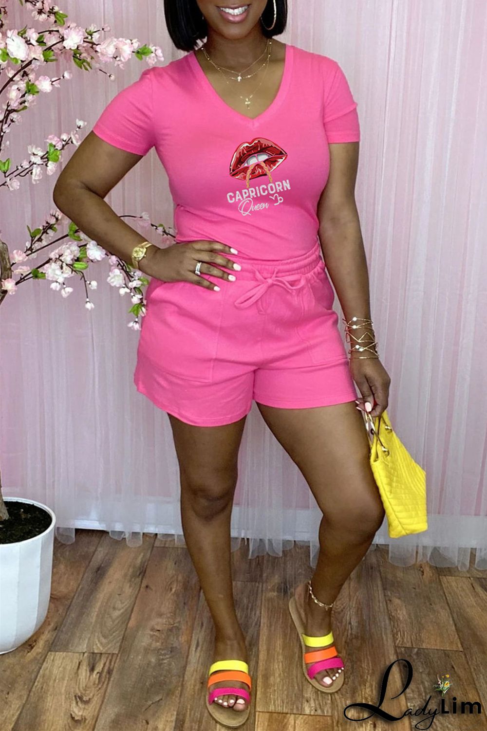 Rose Red Fashion Casual Lips Printed Basic V Neck Short Sleeve Two Pieces