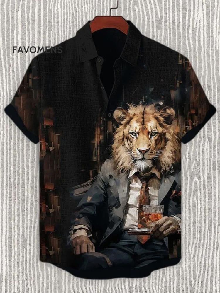 Vintage Mysterious Oil Painting Animal Lion 100% Cotton Shirt Multicolor / S