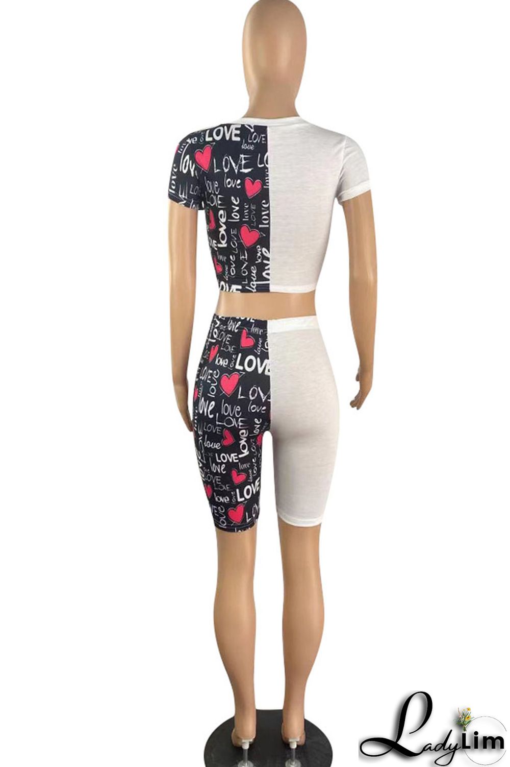 Black Casual Print Split Joint O Neck Short Sleeve Two Pieces