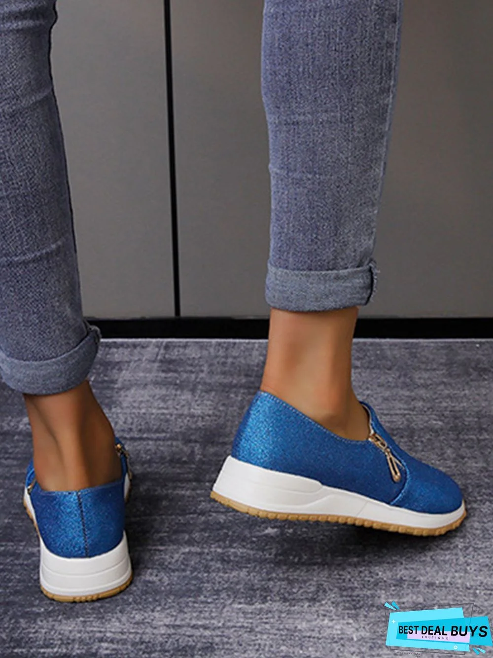 Lightweight Soft Sole Zip Glitter Casual Sneakers