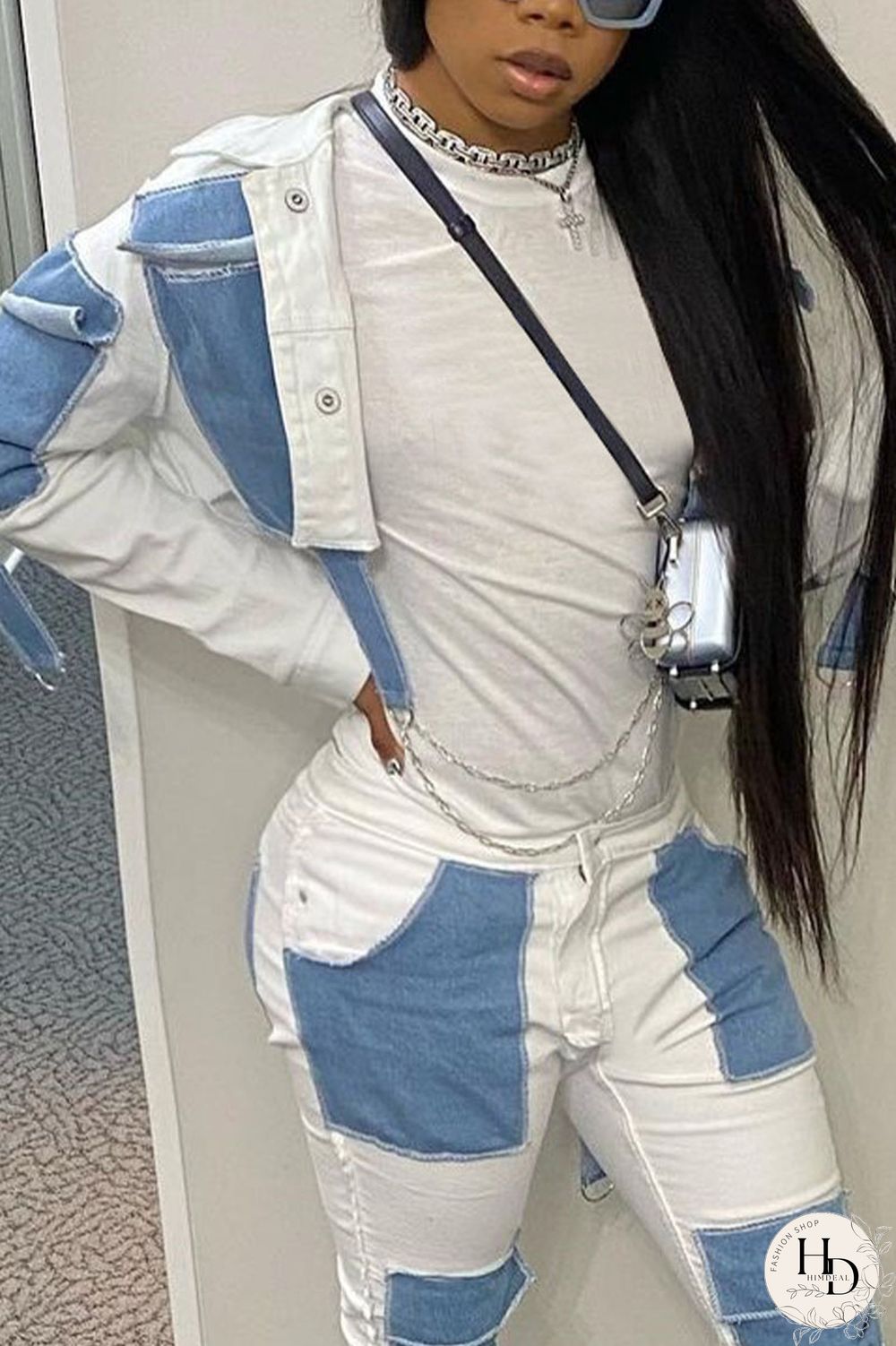 White Street Patchwork Turndown Collar Long Sleeve Loose Denim