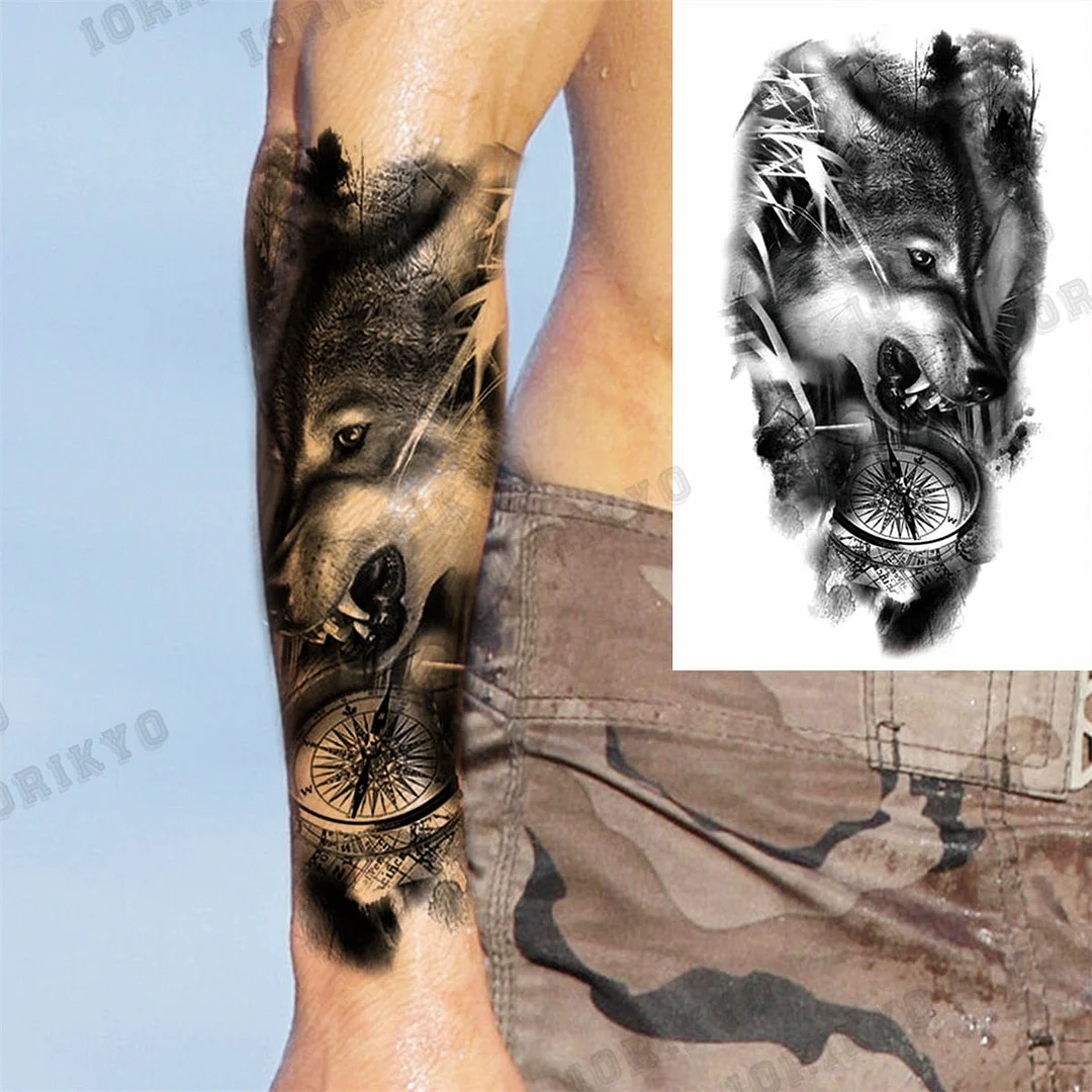 Black Lion Wolf Temporary Tattoos For Men Adult Forest Rose Compass Warrior Fake Tattoo Washable Body Art Painting Tatoo Sticker