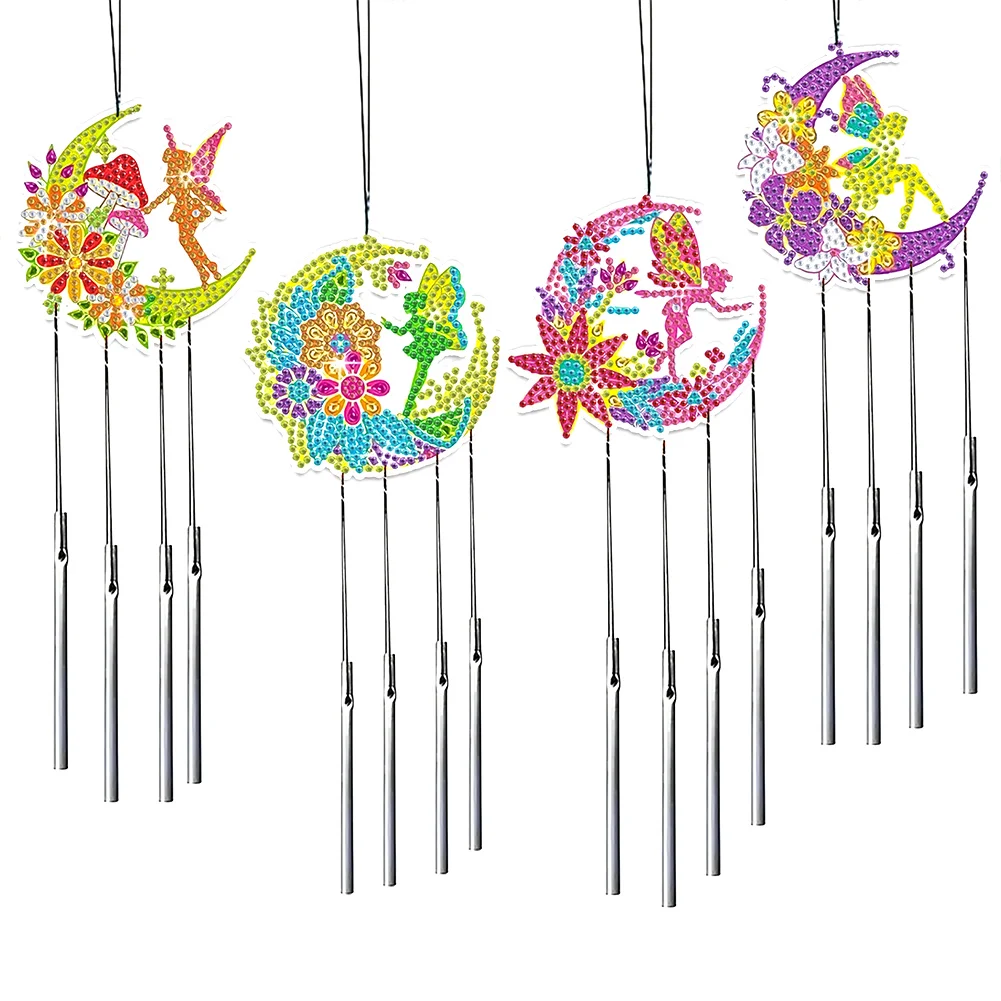 4pcs DIY Moon Fairy Acrylic Diamond Painting Crystal Wind Chimes Pendant Kit Decor