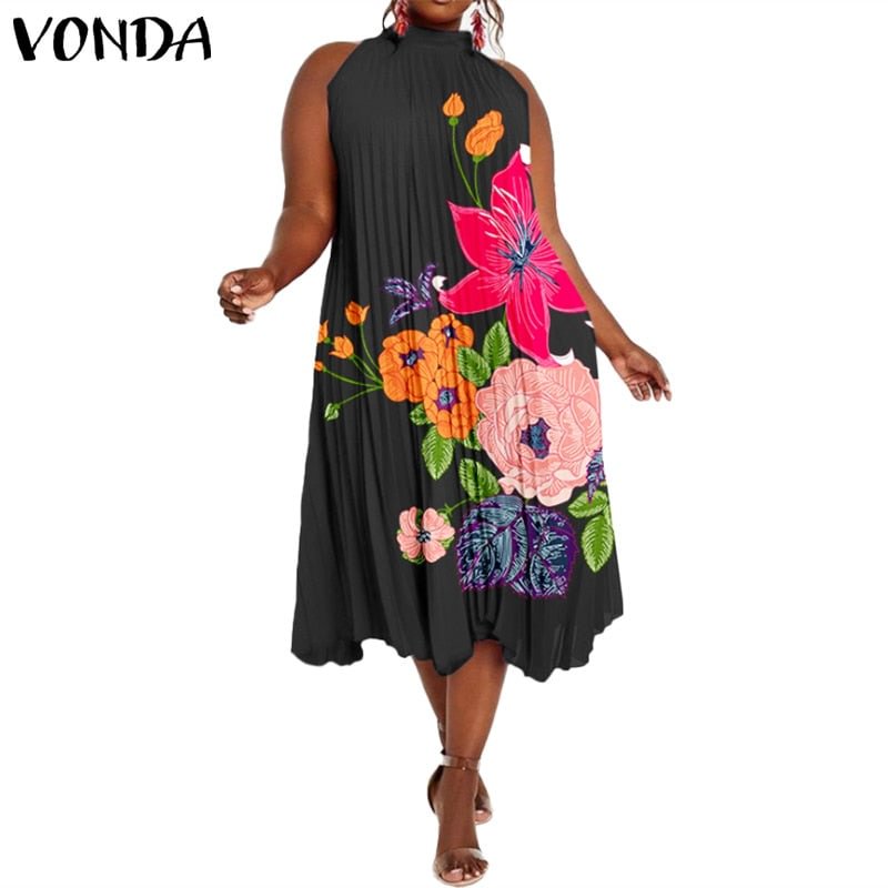 Women Floral Printed Sundress Summer Beach Pleated Mid-Calf Dress 2022 VONDA Vintage Asymmetric Party Vestido Casual Robe Femme