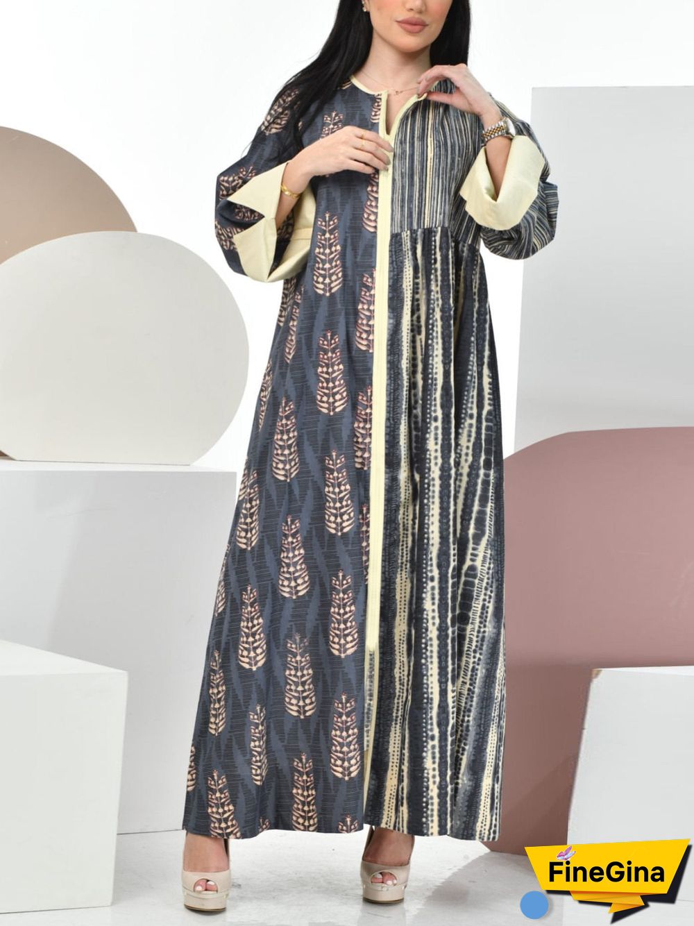 Long-Sleeved Asymmetric Printed Dress