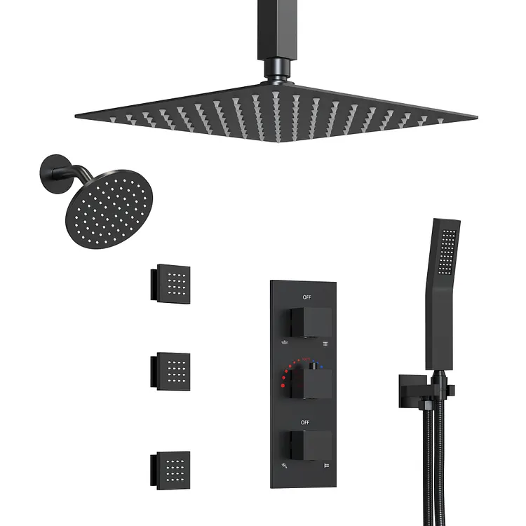 EVERSTEIN 4-Function 12" Dual Overhead Shower System Matte Black