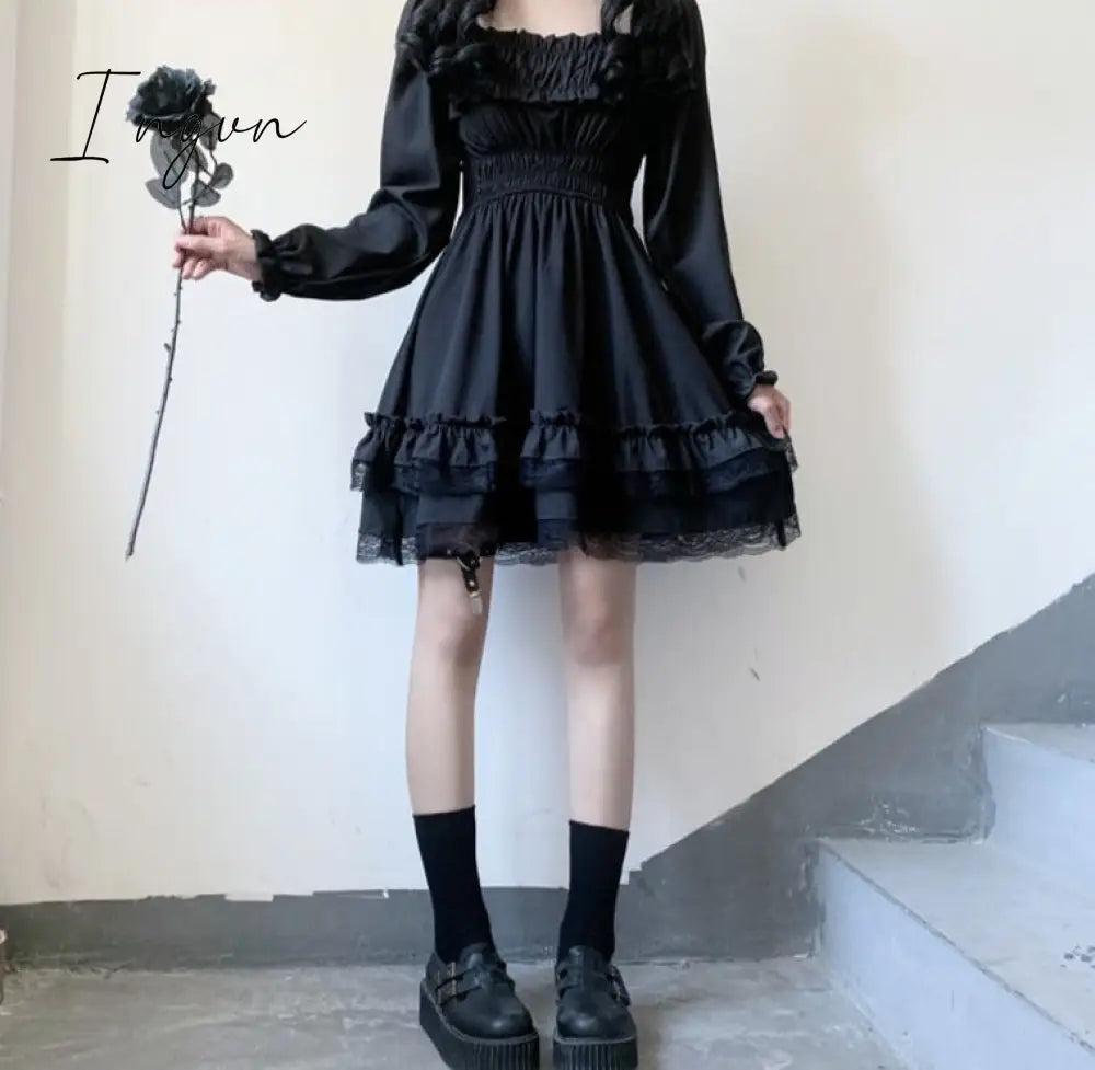 Ingvn - Japanese Lolita Style Women Princess Black Mini Dress Slash Neck High Waist Gothic Puff
