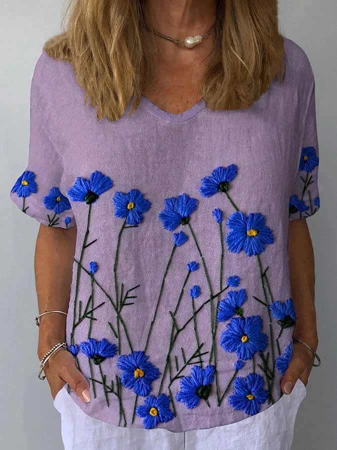 Women's Retro Floral Casual V-Neck Cotton And Linen Top