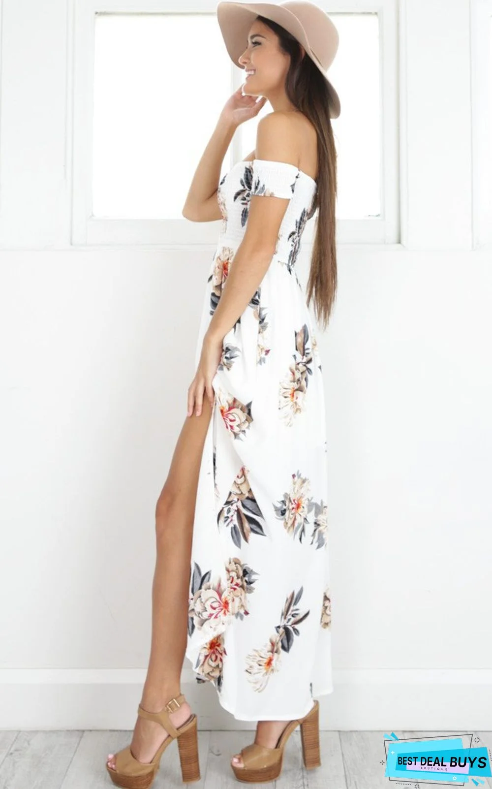 Chest-Wrapped Flower Printed Beach Gown White Dresses