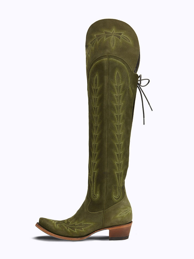 Olive Vegan Suede Embroidered Lace Up Over the Knee Cowgirl Boots