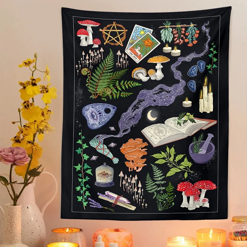 Tarot Mushrooms Tapestry Wall Hanging Moon Starry Botanical Chart Hippie Bohemian Tapestry Psychedelic Witchcraft Home Decor
