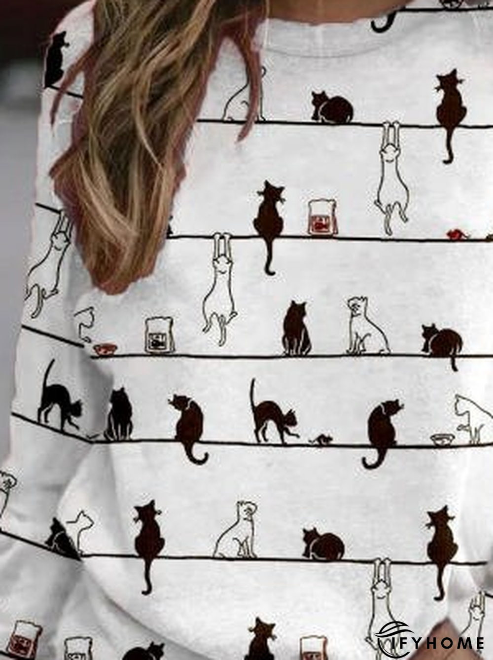 Women Casual Cute Cat Crew Neck Long Sleeve Shirt & Top | IFYHOME