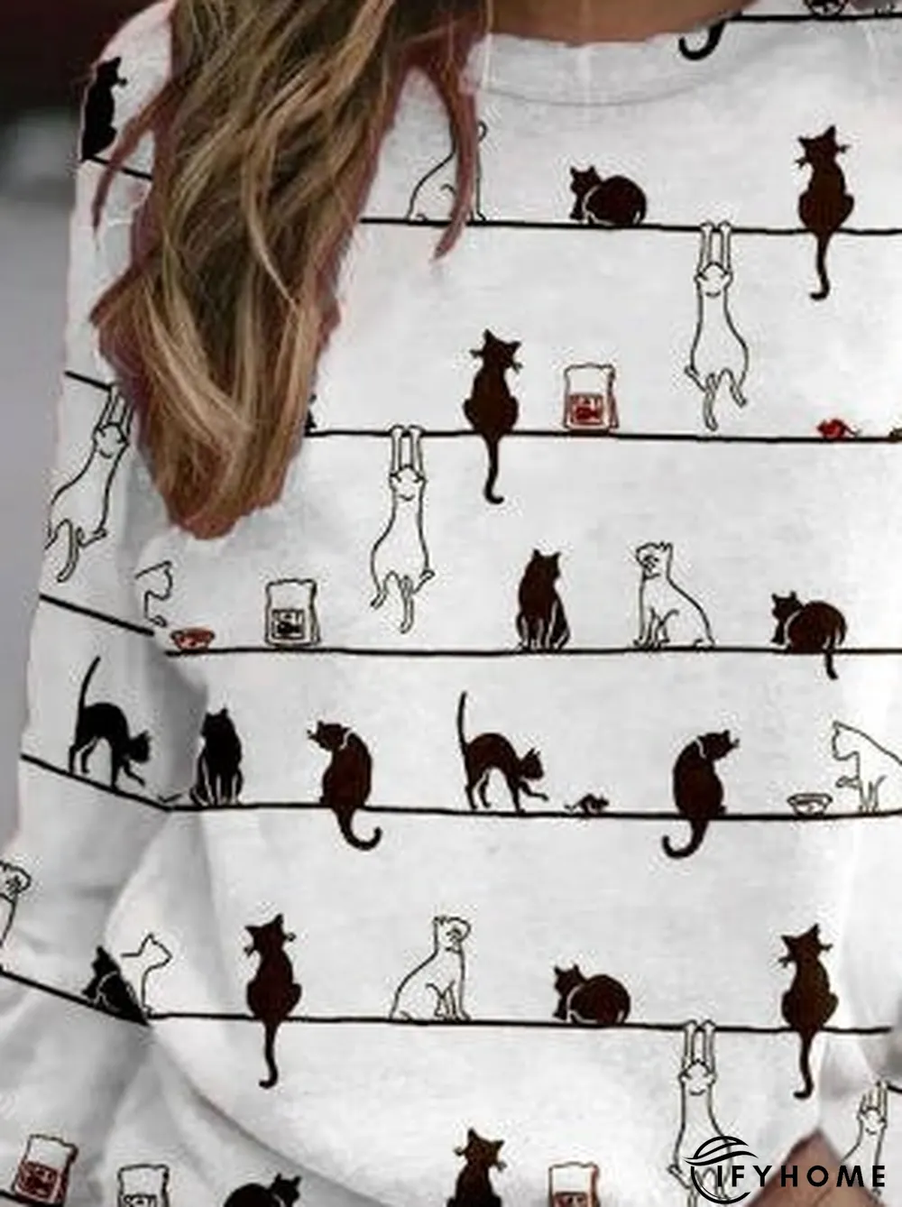 Women Casual Cute Cat Crew Neck Long Sleeve Shirt & Top | IFYHOME