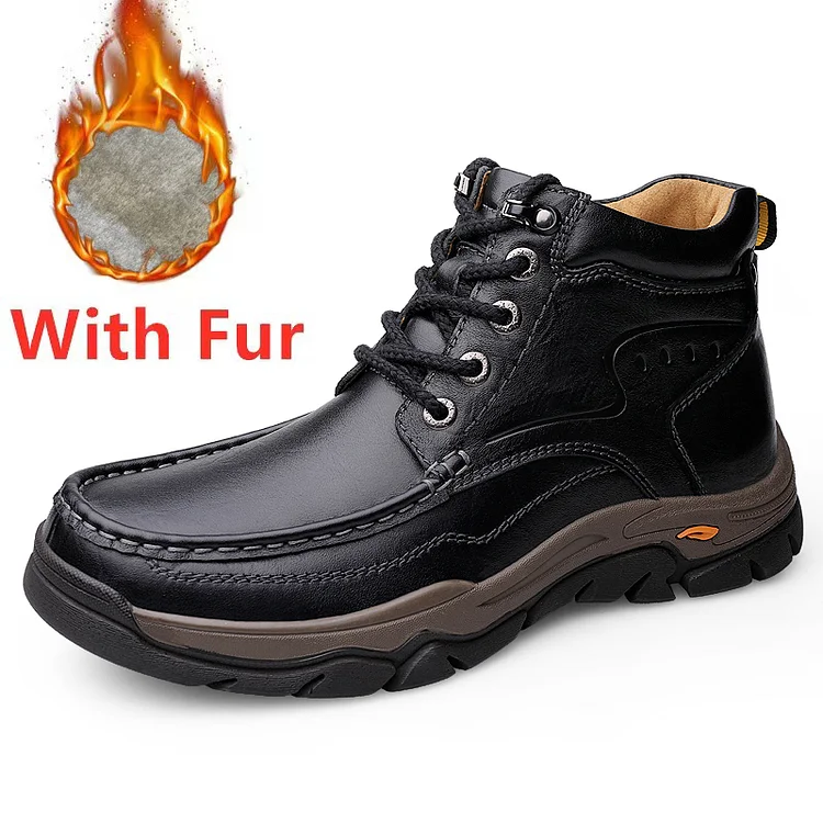 Kasomalang Outdoor Hiking Mens Ankle Boots Luxury Brand Non Slip Climbing Boots Men Winter Warm Fur Shoes Fashion Genuine Leather Footwear