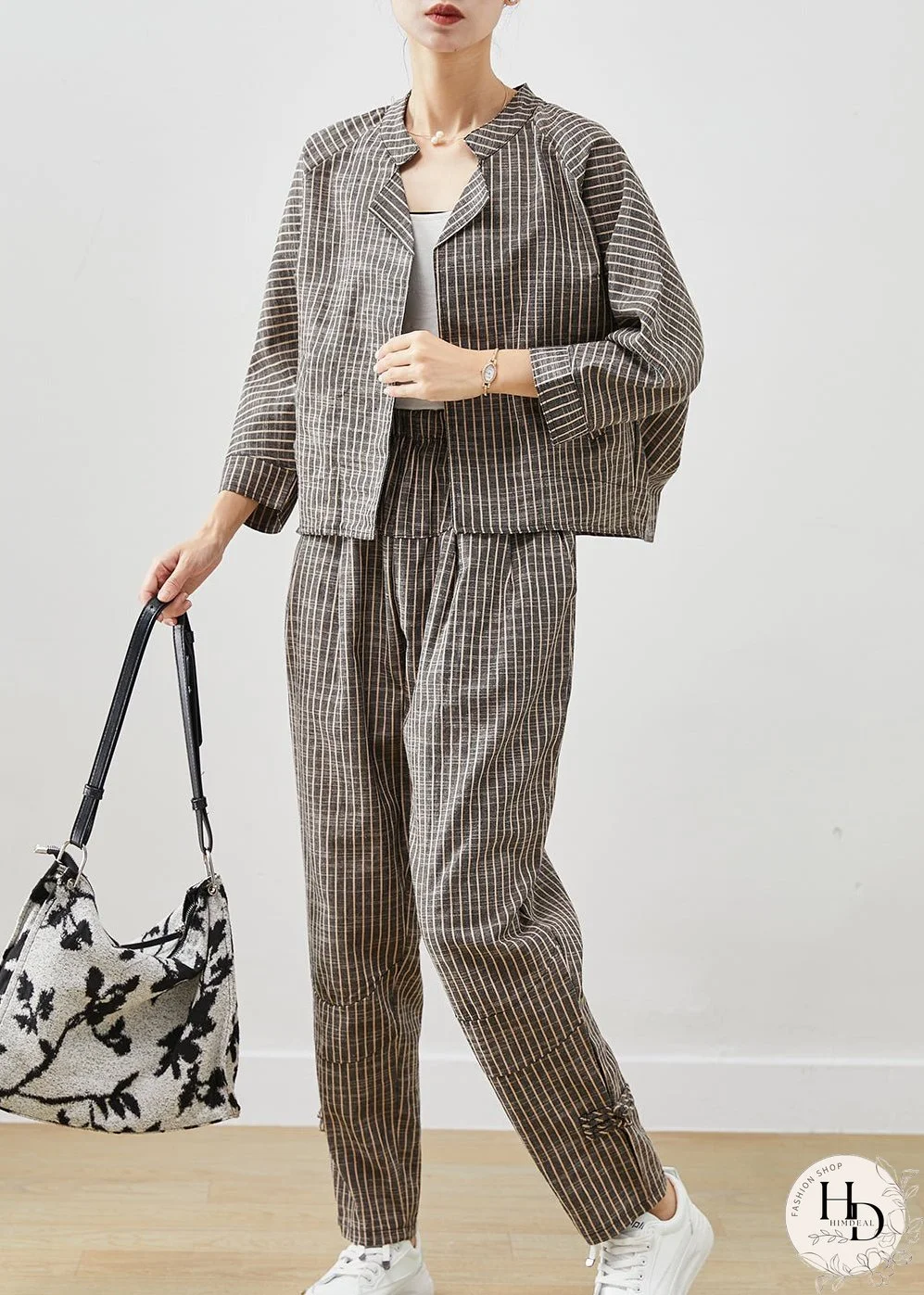 Vintage Grey Striped Linen Two Pieces Set Spring