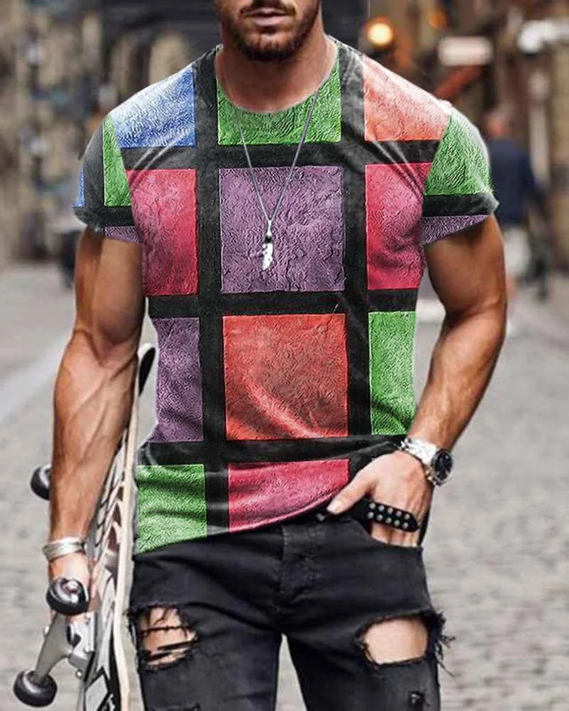Men's Multicolor Plaid T-Shirt Printed Round Neck