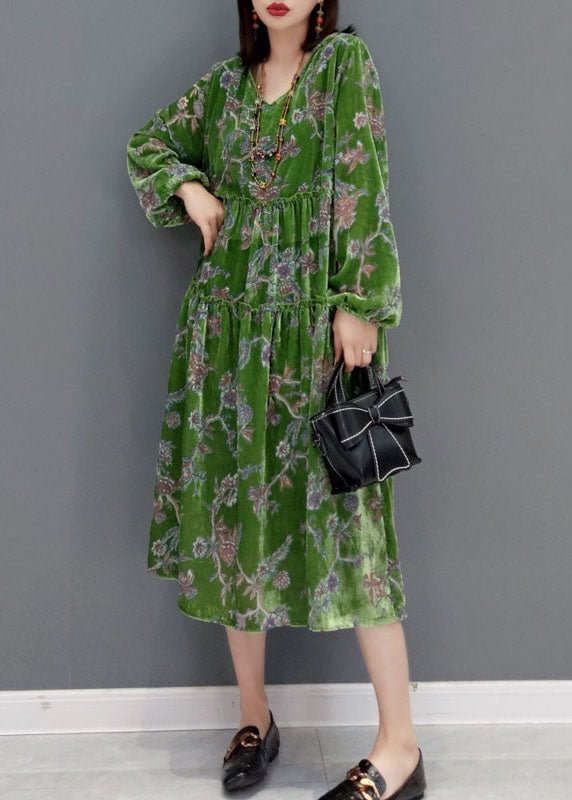 Natural Green V Neck Hooded Velour Dress Spring CK2664- Fabulory