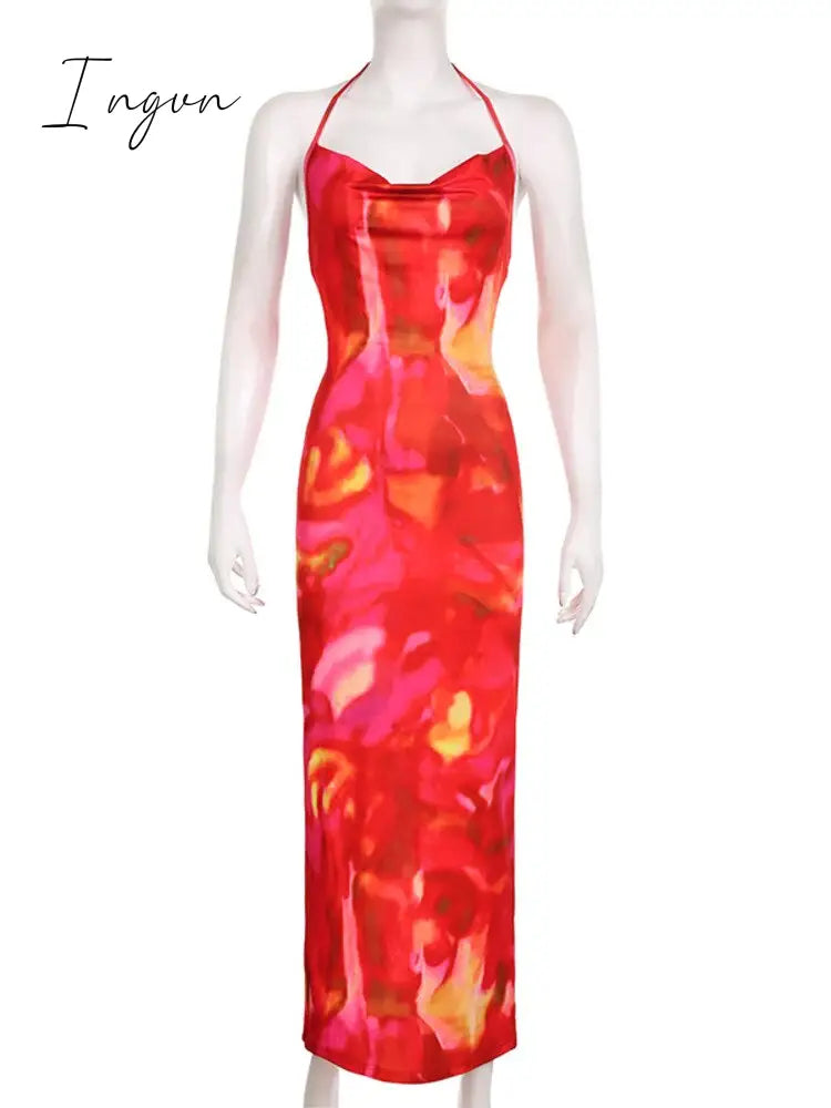 Ingvn - Tie Day Print Backless Maxi Dress Women Gown Cut Out Halter Sleeveless Bodycon Sexy Club