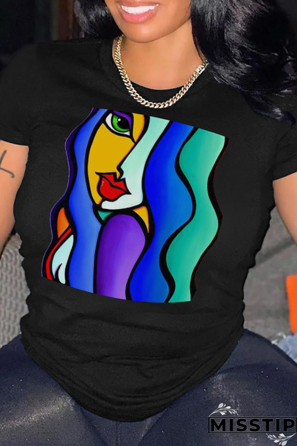 White Street Print Patchwork O Neck T-Shirts