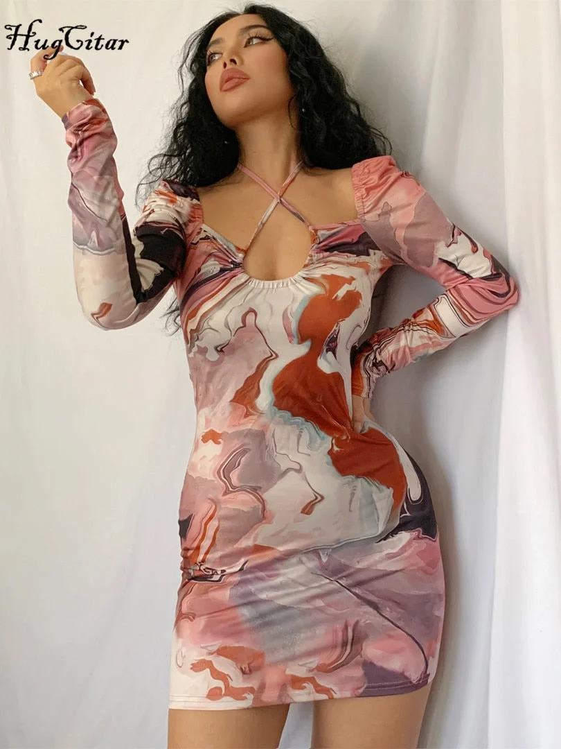 Hugcitar Print Square Neck Long Sleeves Hollow Out Bandage Halter Bodycon Mini Dress 2022 Sexy Women Streetwear Y2K Party Club