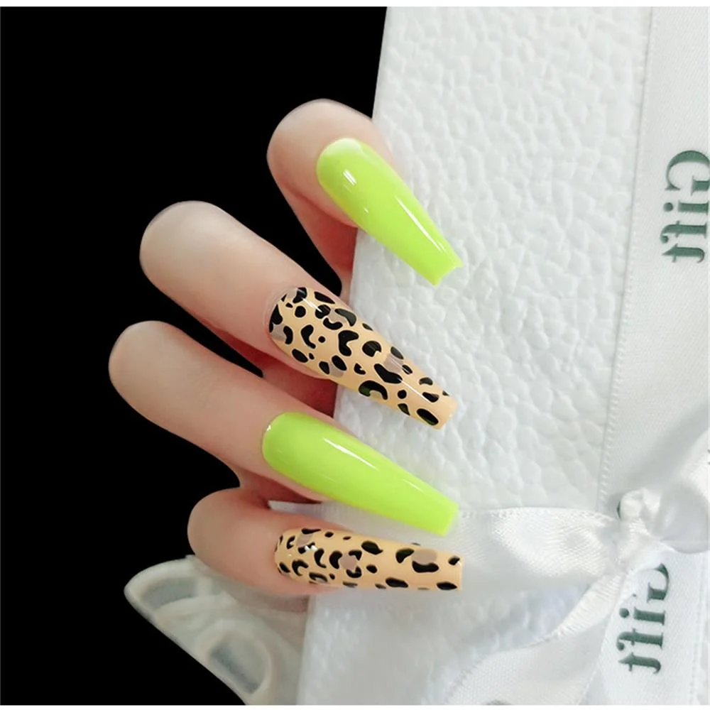 24Pcs/Box Leopard Fake Nails Long French Ballet False Nail Press On Nails Wine Red Nail Tip With Press Glue Nail Art Decoration-Nail Inspo