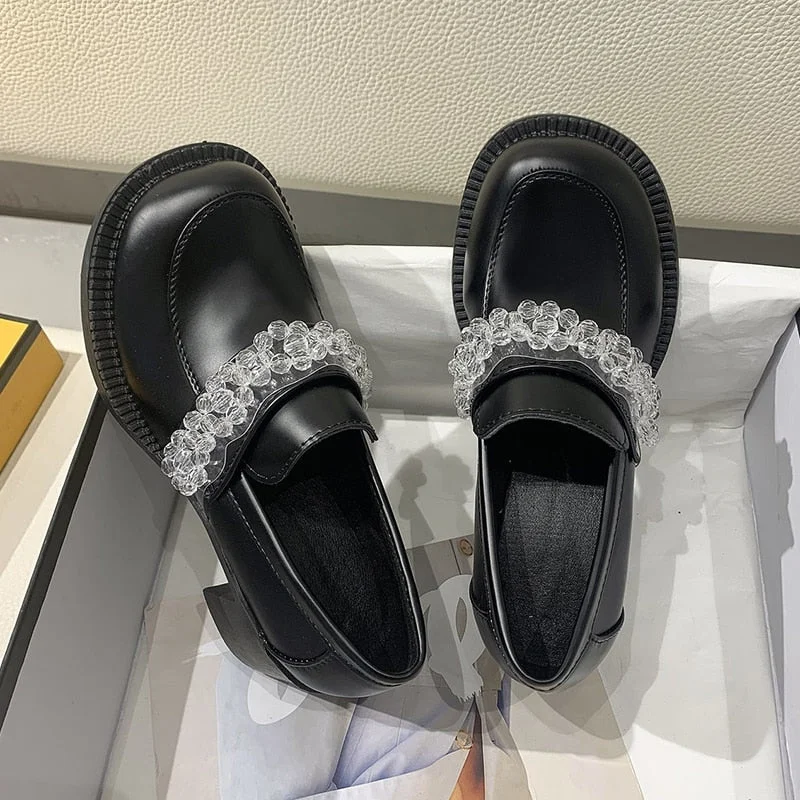 Transparent Bead PU Leather Shoes Woman Retro Round Toe Chunky High Heels Loafers Women 2022 Spring New Black Party Pumps