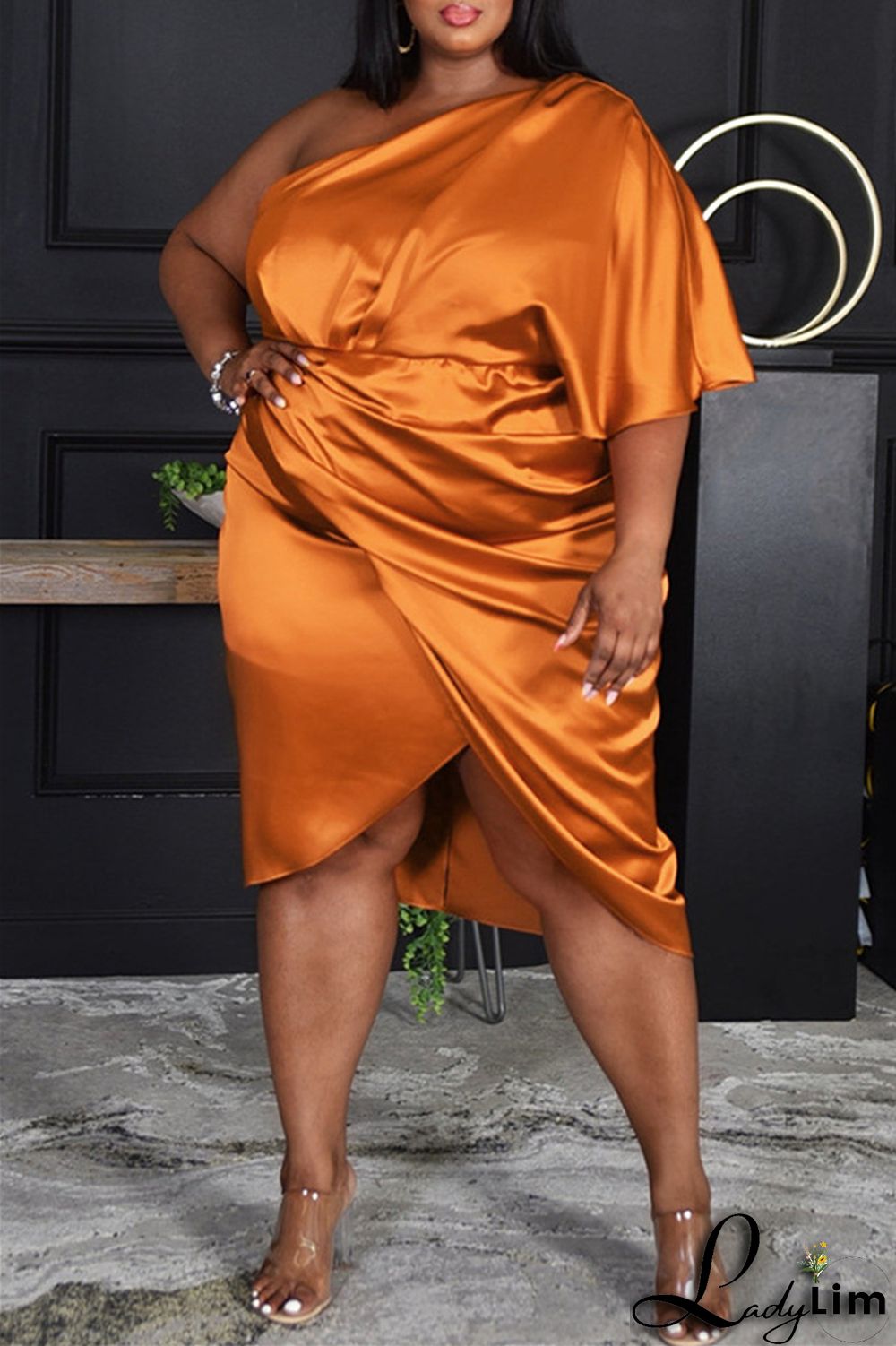 Ink Green Fashion Plus Size Solid Split Joint Backless Fold Oblique Collar Irregular Dress