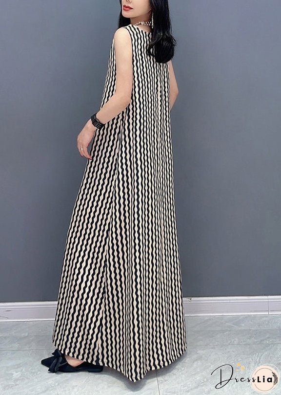 Slim Fit Stand Collar Striped Tie Waist Maxi Dress Summer
