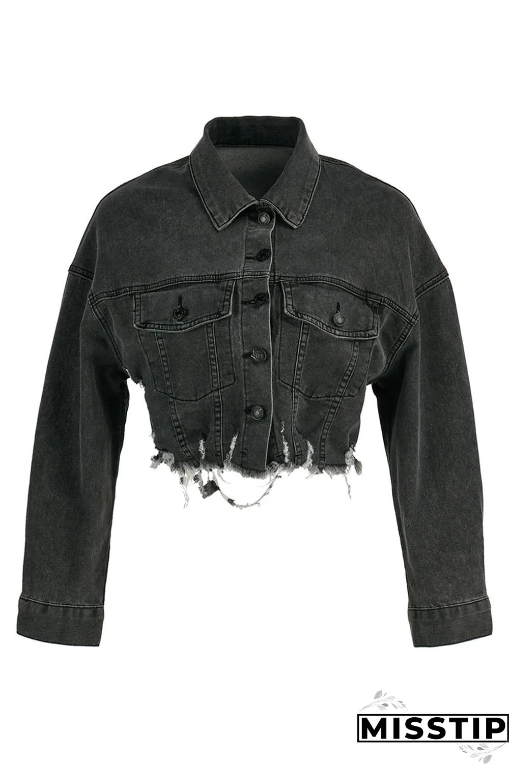 Blue Orange Street Print Make Old Patchwork Buckle Turndown Collar Long Sleeve Straight Denim Jacket