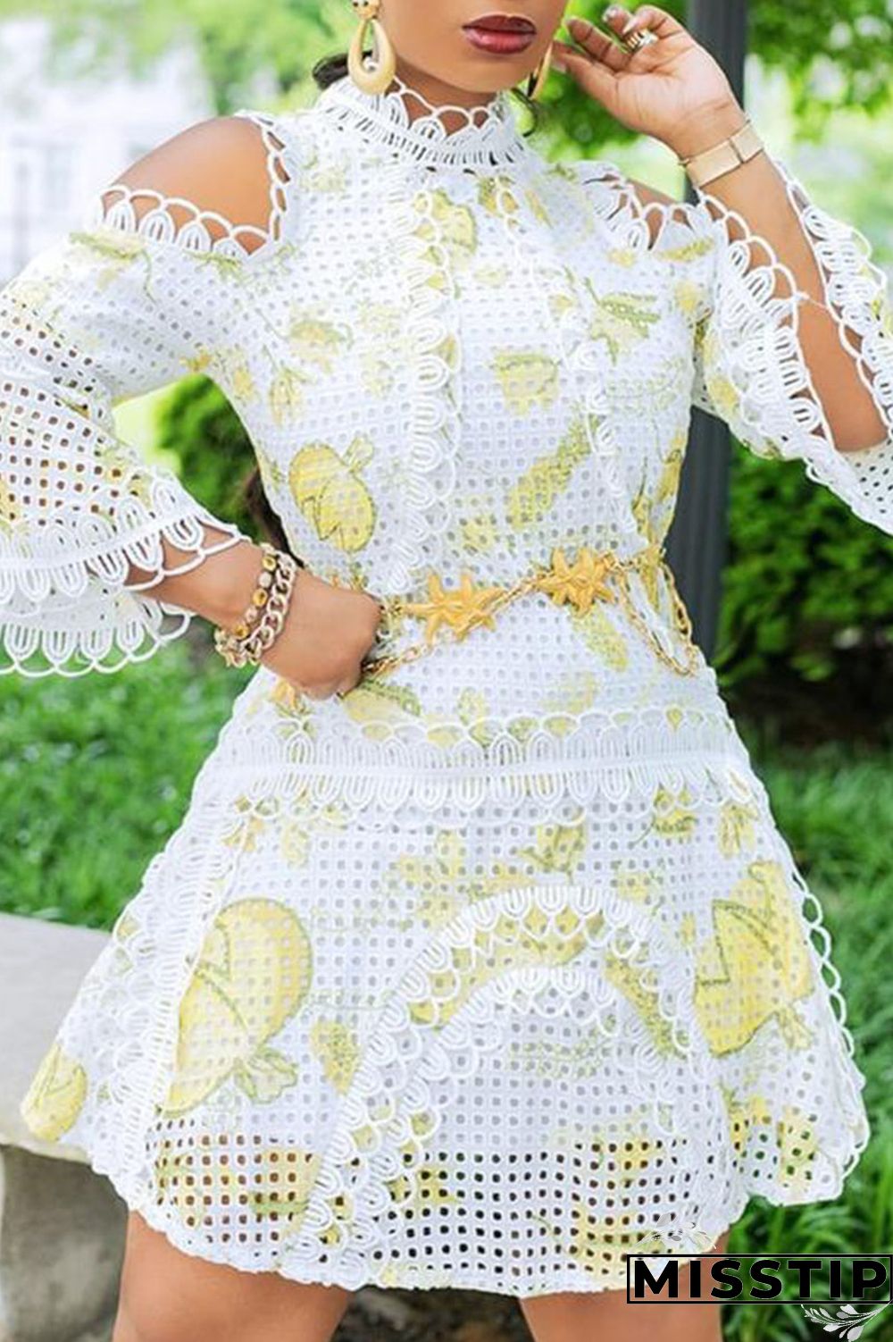 White College Print Embroidered Hollowed Out Patchwork V Neck A Line Dresses