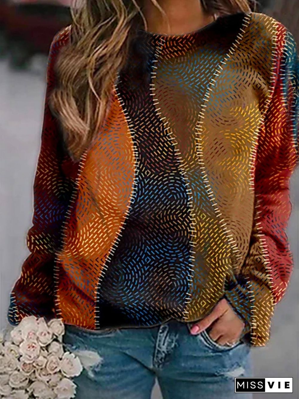 Cotton-Blend Long Sleeve Floral-Print Crew Neck Sweatshirts