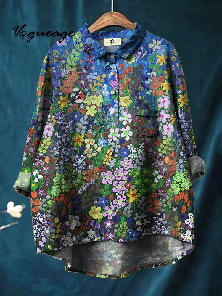 Colorful Small Flowers In Bloom Printed Cotton And Linen Shirt