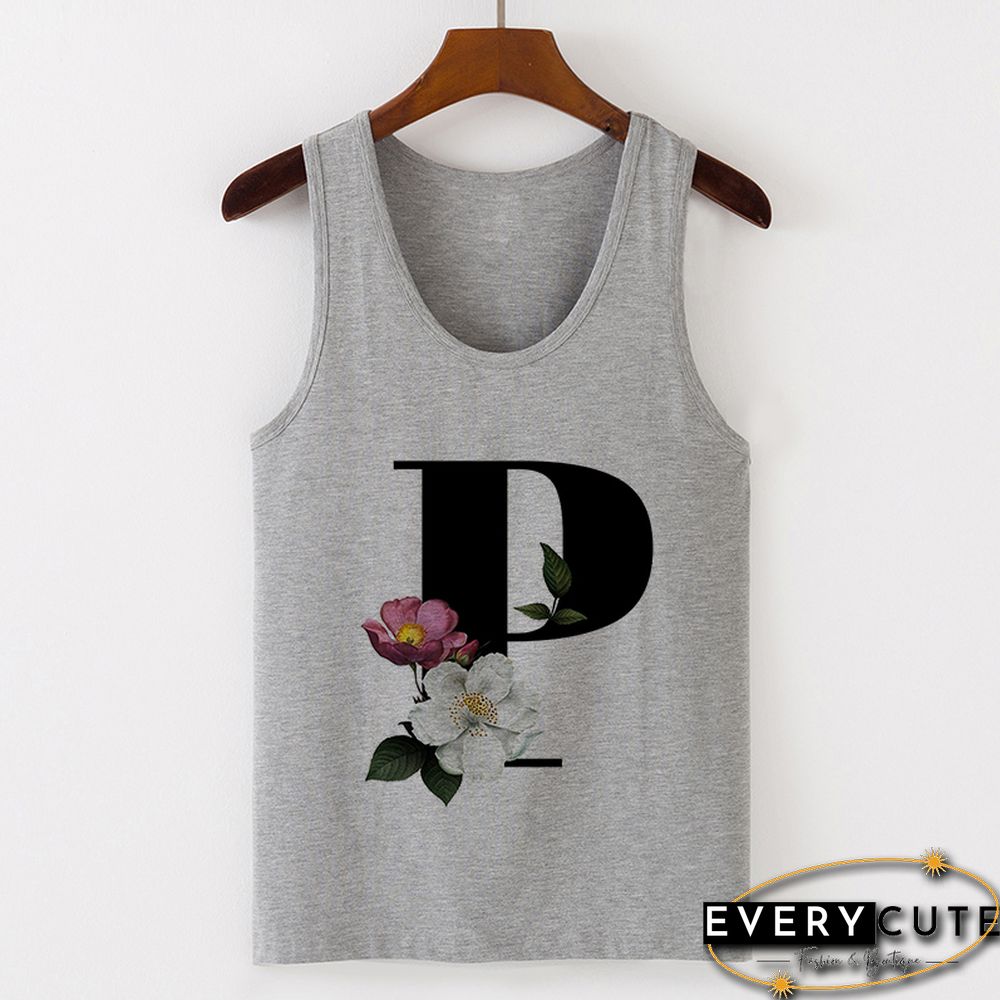 Summer Alphabet Print Camisole Sexy Tank Tops Vest Women Tee Shirt Sleeveless Gray Female