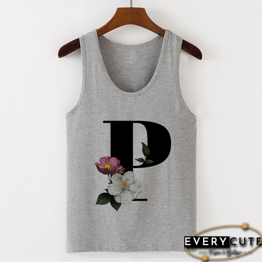 Summer Alphabet Print Camisole Sexy Tank Tops Vest Women Tee Shirt Sleeveless Gray Female