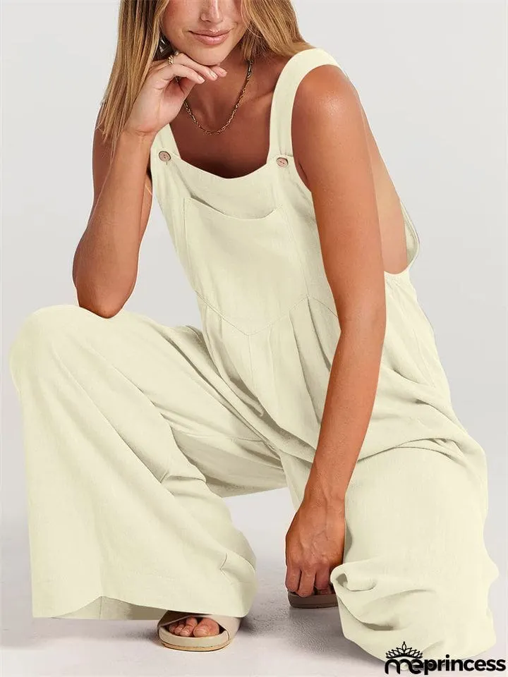Summer Female Plus Size Solid Color Suspender Jumpsuits with Pockets