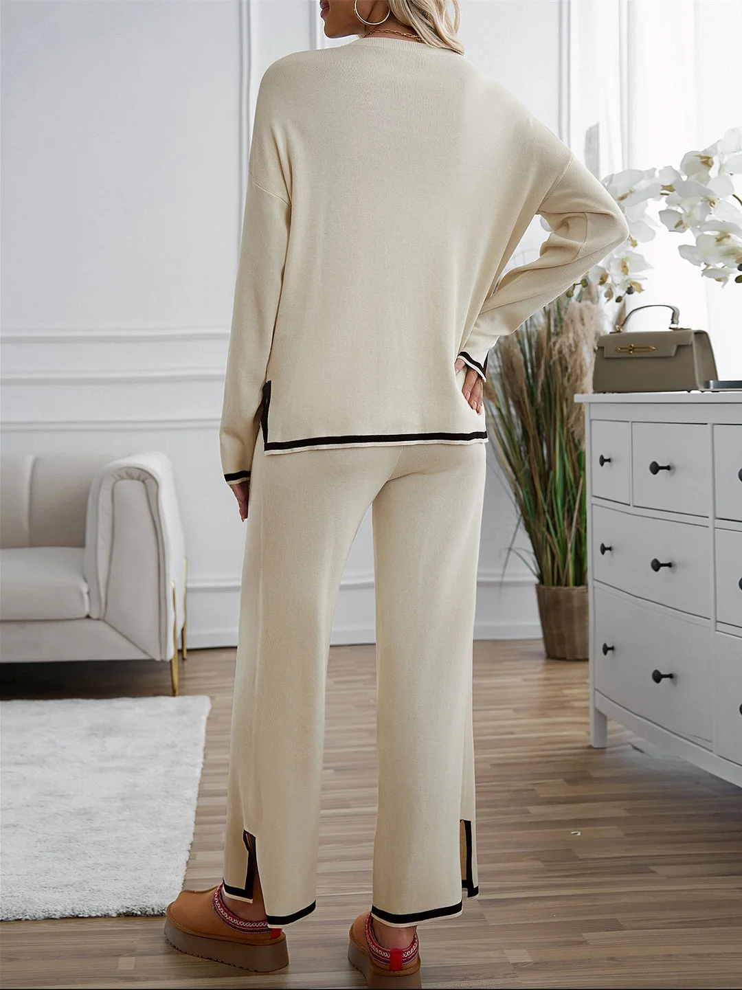 Women's Long Sleeve Scoop Neck Striped Casual Knit Sets