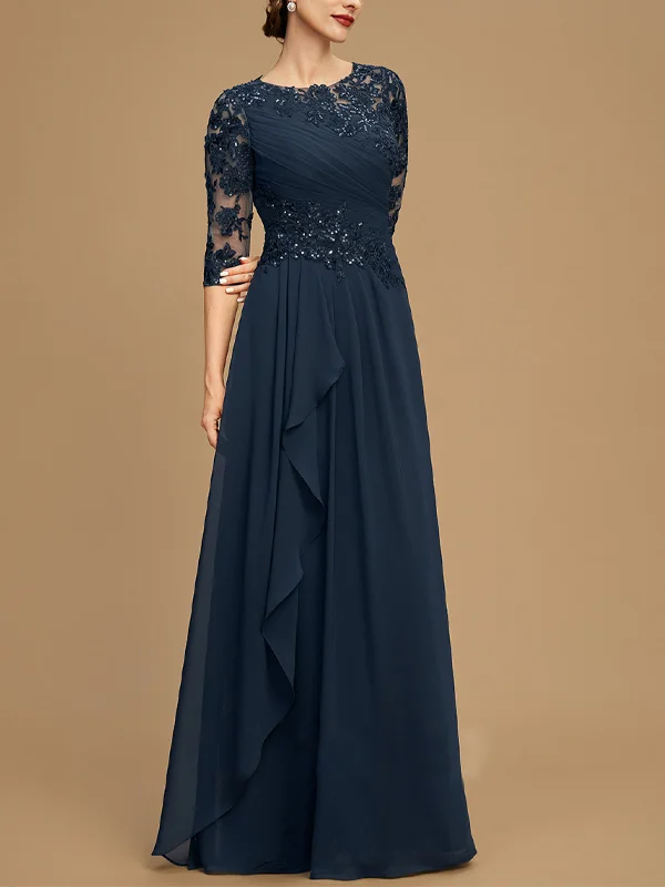 Round Neck Lace Solid Color Mesh Maxi Dress