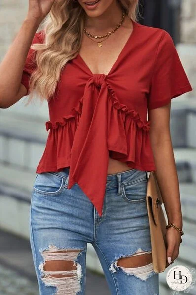 Frill Ruched V-Neck Short Sleeve T-Shirt